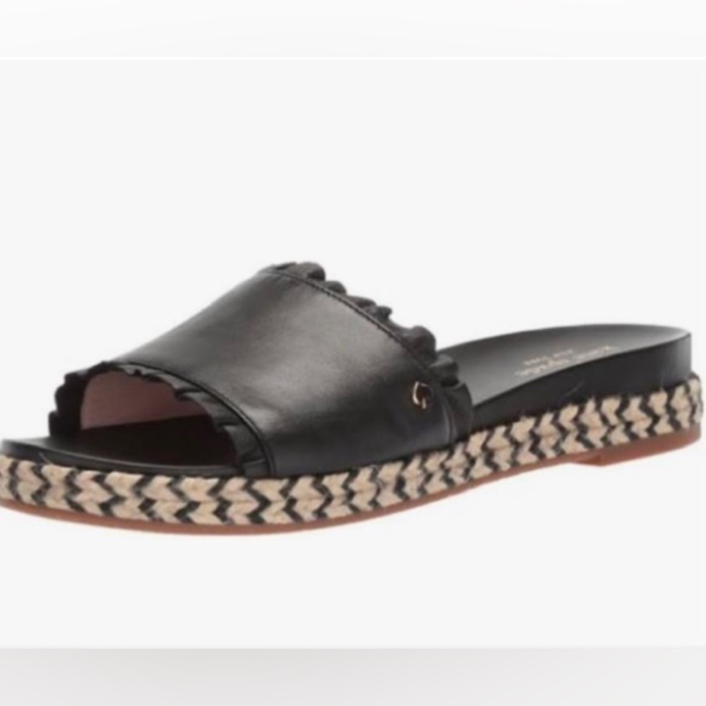 Kate Spade Sahara Black Leather Ruffle Trim Slides Size 7.5